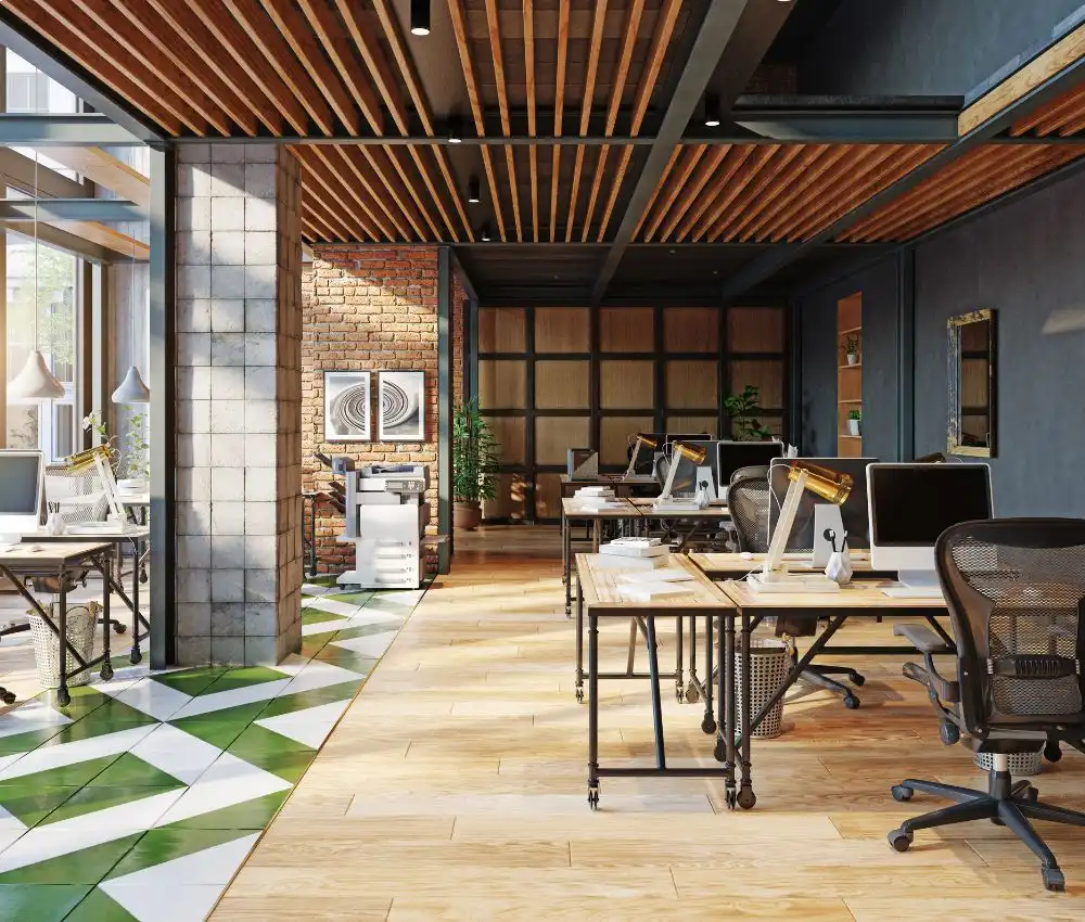 industrial office space with green and white